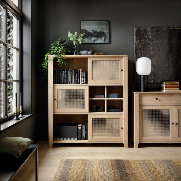 Braintree 3 Sliding Door Cabinet in Jackson Hickory Oak and Rattan Effect | Dining Cabinet | Dining Cabinets