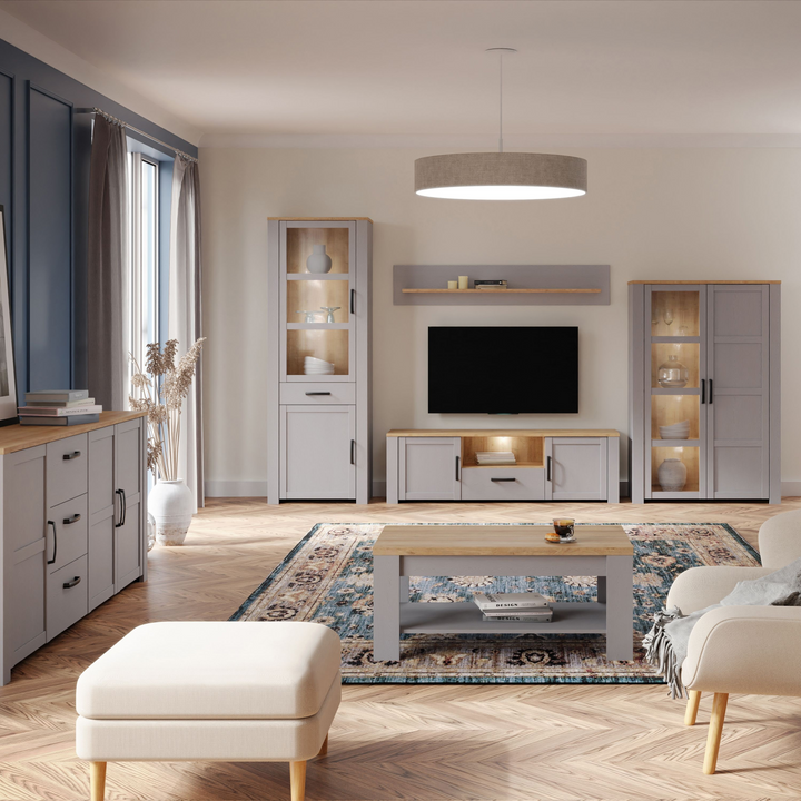 Hitchin 2 Door 1 Drawer Narrow Display Cabinet in Riviera Oak/Grey Oak | Dining Cabinet | Dining Cabinets