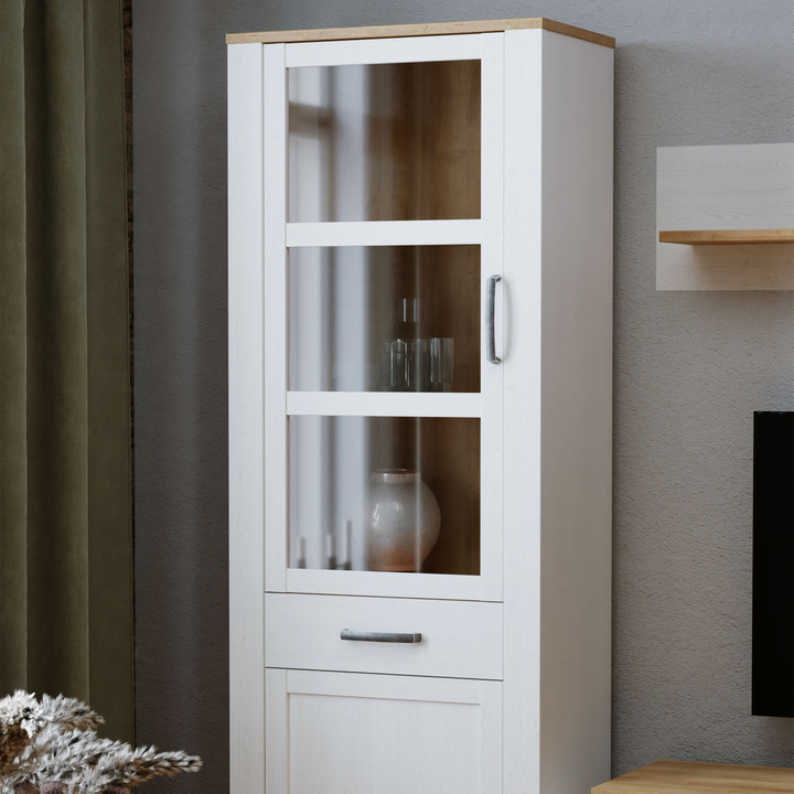 Hitchin 2 Door 1 Drawer Narrow Display Cabinet in Riviera Oak/White | Dining Cabinet | Dining Cabinets