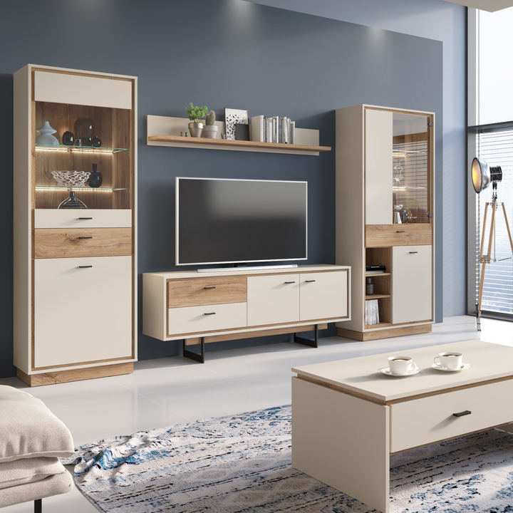 Huyton 2 Door 1 Drawer Display Cabinet in Grey and Oak | Dining Cabinet | Dining Cabinets