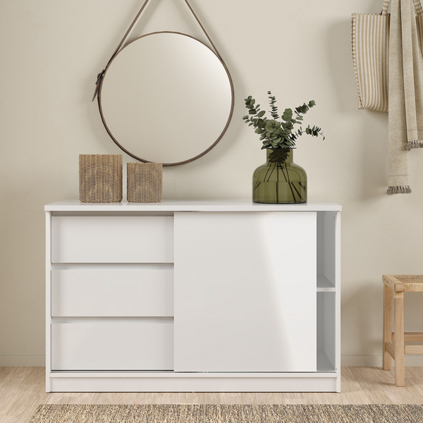 Brook Storage Unit with 1 Sliding Door and 3 Drawers in White High Gloss | Living Room Cabinets | Living Room Cabinet