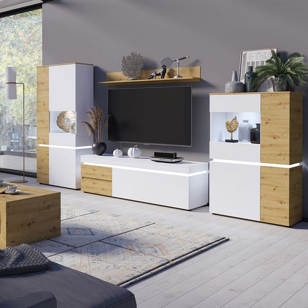 Ecclesfield 4 Door Low Display Cabinet (including LED lighting) in White and Oak | Dining Cabinet | Dining Cabinets