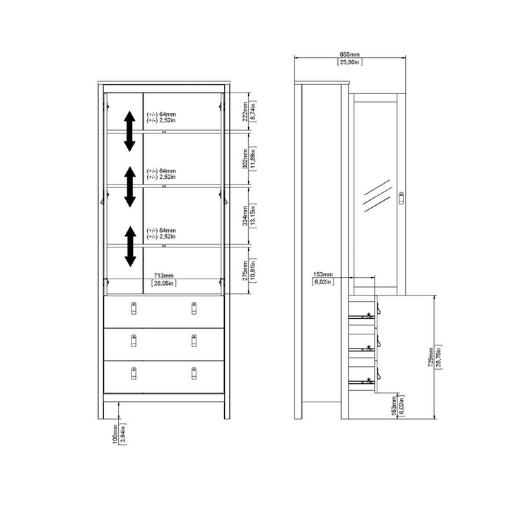 Droitwich China Cabinet 2 Glass Doors with 3 Drawers in White | Dining Cabinet | Dining Cabinets