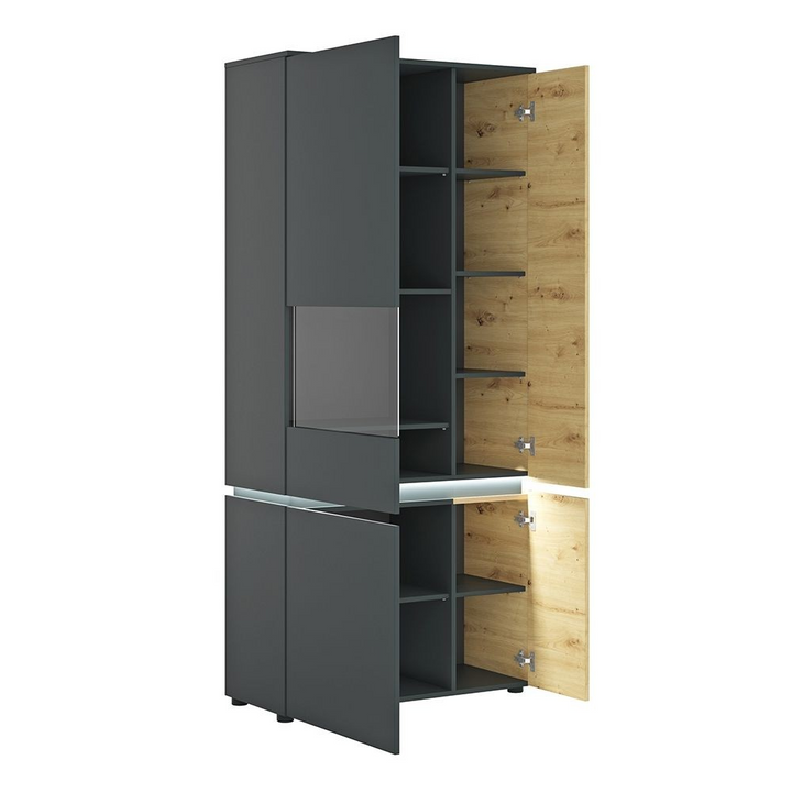 Ecclesfield 4 Door Tall Display Cabinet LH (including LED lighting) in Platinum and Oak | Dining Cabinet | Dining Cabinets