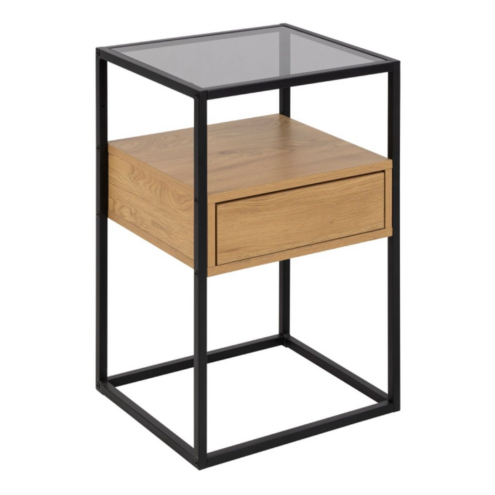 Ilford Square Bedside Table with 1 Drawer in Black and Oak | Bedside Cabinet | Bedside Cabinets | Bedroom Cabinet