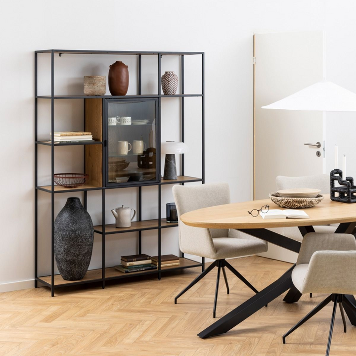 Wishaw Bookcase with 7 Shelves and Glass Front Display in Black and Oak | Dining Cabinet | Dining Cabinets