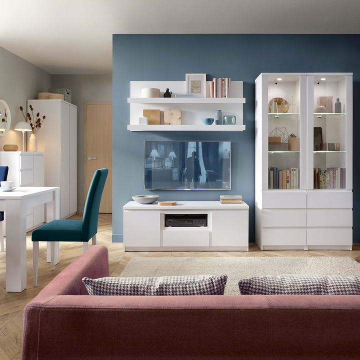 Prestwich Tall Narrow 1 Door 3 Drawer Glazed Display Cabinet in White | Dining Cabinet | Dining Cabinets