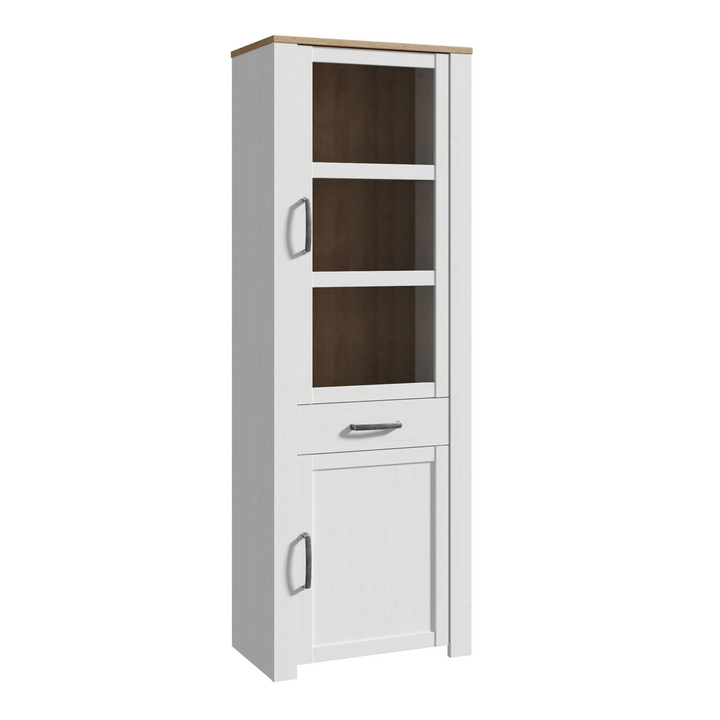 Hitchin 2 Door 1 Drawer Narrow Display Cabinet in Riviera Oak/White | Dining Cabinet | Dining Cabinets