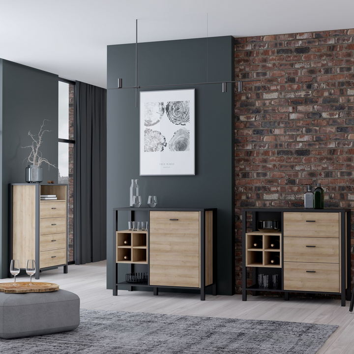 Upminster Rock Storage/Display Chest in Matt Black/Riviera Oak | Dining Cabinet | Dining Cabinets