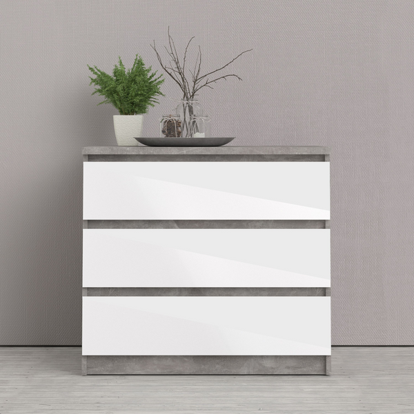 Brook Chest of 3 Drawers in Concrete and White High Gloss | Chest of Drawers | Drawers 