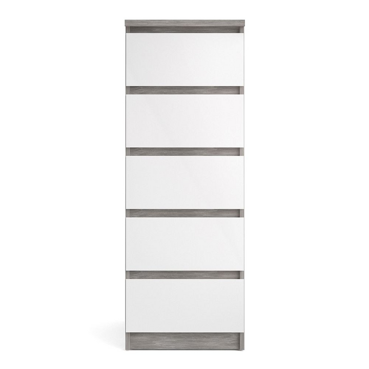 Brook Narrow Chest of 5 Drawers in Concrete and White High Gloss | Chest of Drawers | Drawers 