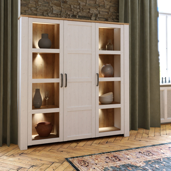 Hitchin 3 Door Large Display Cabinet in Riviera Oak/White | Dining Cabinet | Dining Cabinets
