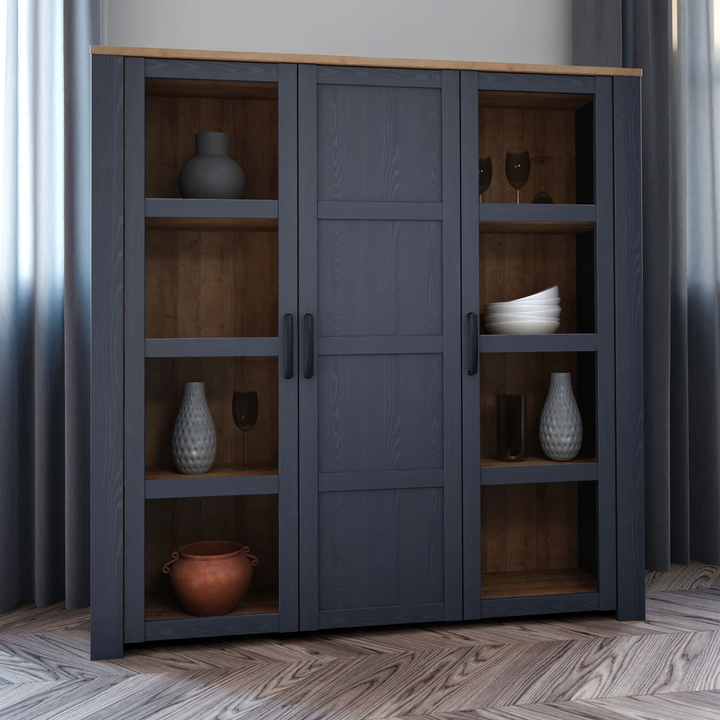 Hitchin 3 Door Large Display Cabinet in Riviera Oak/Navy | Dining Cabinet | Dining Cabinets