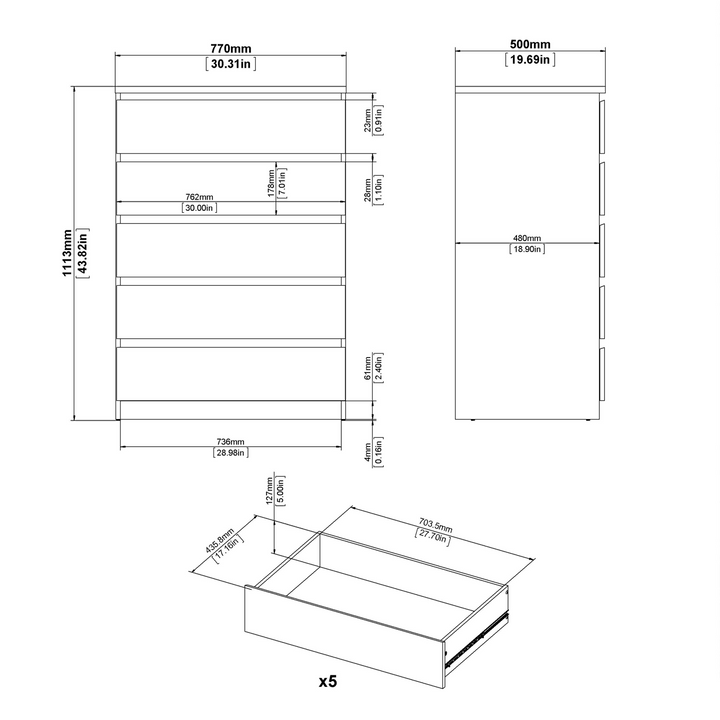 Brook Chest of 5 Drawers in Concrete and White High Gloss | Chest of Drawers | Drawers 