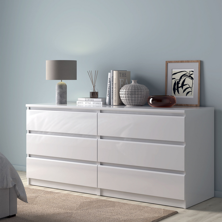 Brook Wide Chest of 6 Drawers (3+3) in White High Gloss | Chest of Drawers | Drawers 