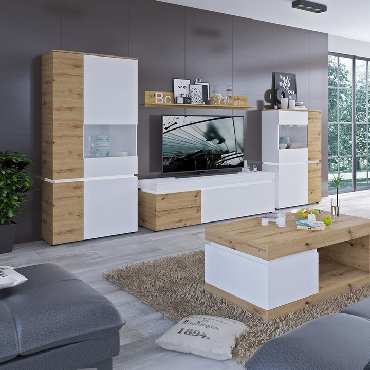 Ecclesfield 6 Door Cabinet (including LED lighting) in White and Oak | Dining Cabinet | Dining Cabinets