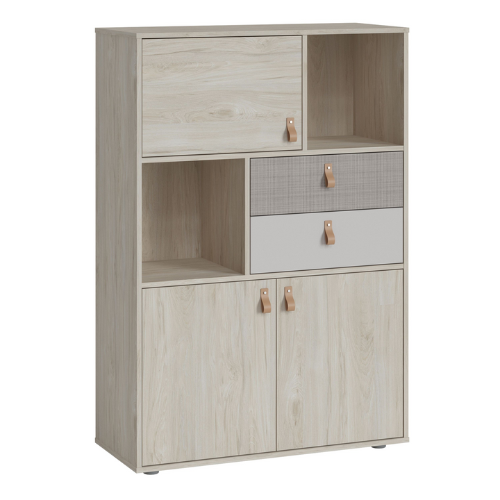 Batley 3 Door 2 Drawer Cabinet in Light Walnut, Grey Fabric Effect and Cashmere | Dining Cabinet | Dining Cabinets