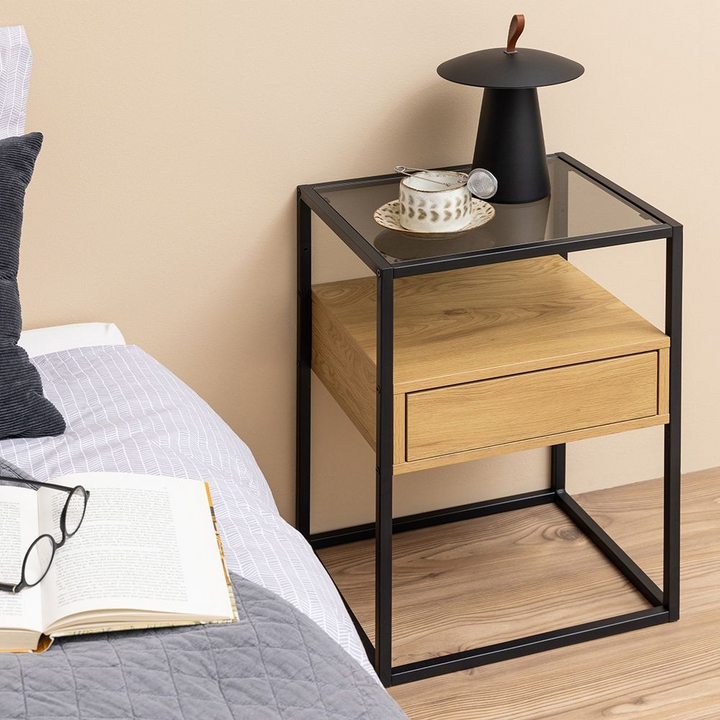 Ilford Square Bedside Table with 1 Drawer in Black and Oak | Bedside Cabinet | Bedside Cabinets | Bedroom Cabinet