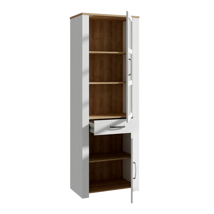Hitchin 2 Door 1 Drawer Narrow Display Cabinet in Riviera Oak/White | Dining Cabinet | Dining Cabinets