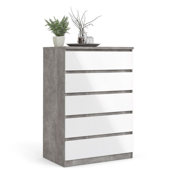 Brook Chest of 5 Drawers in Concrete and White High Gloss | Chest of Drawers | Drawers 