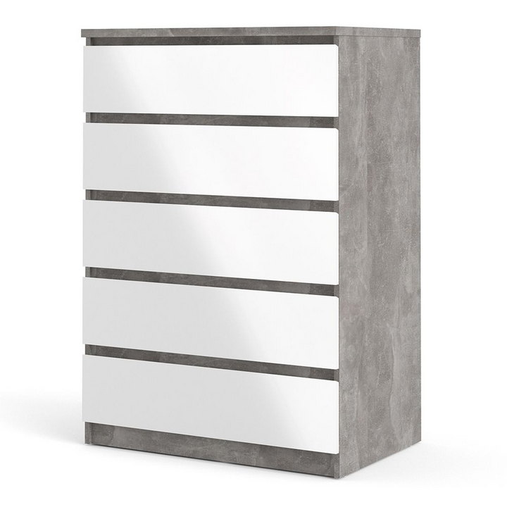 Brook Chest of 5 Drawers in Concrete and White High Gloss | Chest of Drawers | Drawers 