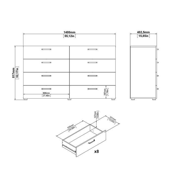 Newtownards Double Dresser 8 Drawers in Rovere Gessato Dark Oak | Chest of Drawers | Drawers 