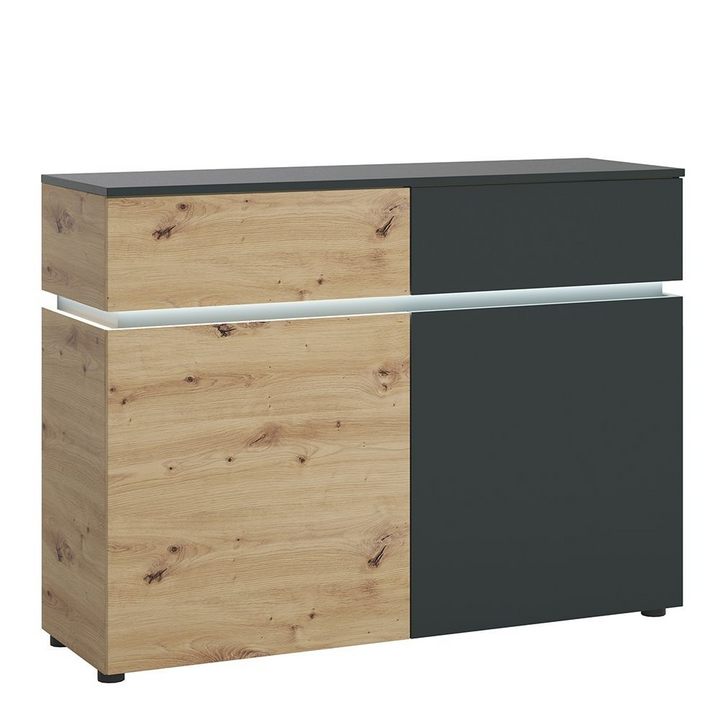 Ecclesfield 2 Door 2 Drawer Cabinet (including LED lighting) in Platinum and Oak | Dining Cabinet | Dining Cabinets