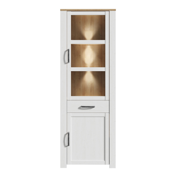 Hitchin 2 Door 1 Drawer Narrow Display Cabinet in Riviera Oak/White | Dining Cabinet | Dining Cabinets
