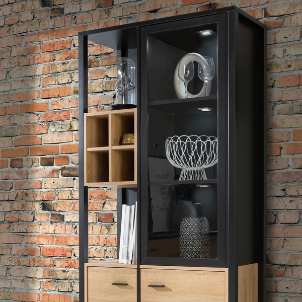 Upminster Rock Display Cabinet in Matt Black/Riviera Oak | Dining Cabinet | Dining Cabinets