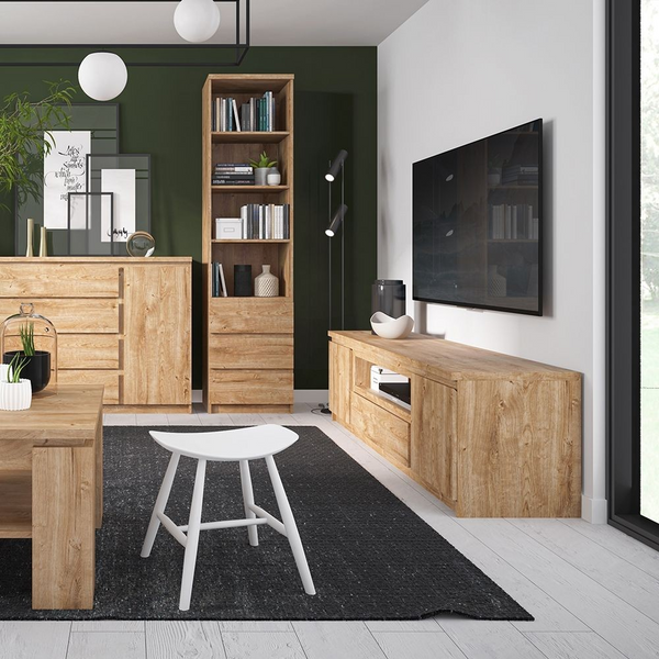 Prestwich Tall Narrow 1 Door 3 Drawer Cupboard in Oak | Dining Cabinet | Dining Cabinets