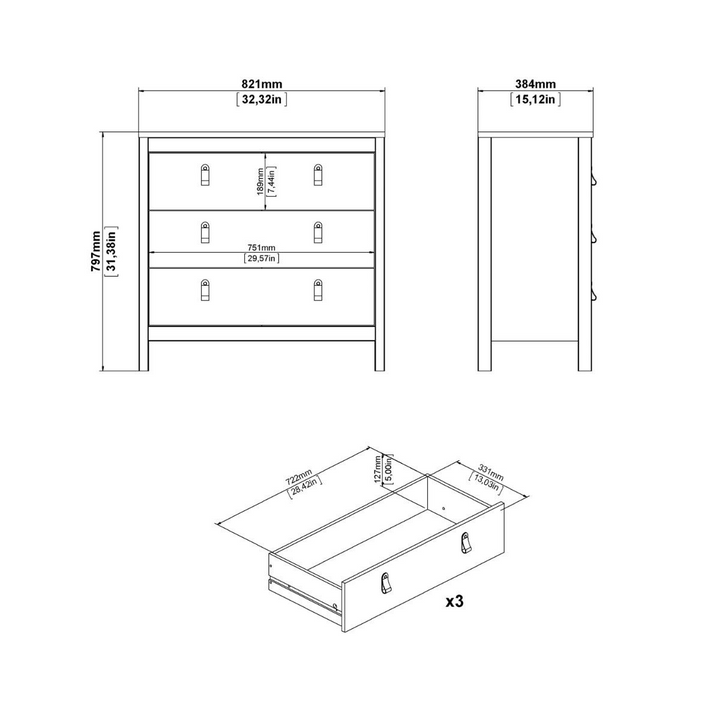 Droitwich Chest 3 Drawers in Matt Black | Chest of Drawers | Drawers 