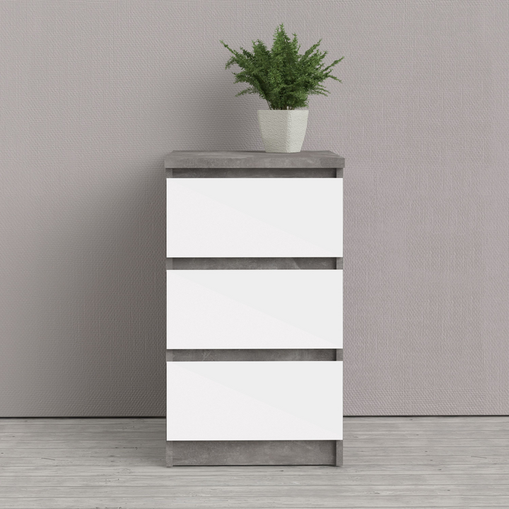 Brook Bedside 3 Drawers in Concrete and White High Gloss | Bedside Cabinet | Bedside Cabinets | Bedroom Cabinet