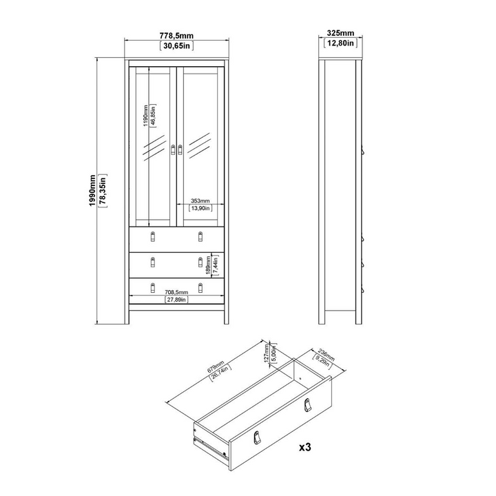 Droitwich China Cabinet 2 Glass Doors with 3 Drawers in Matt Black | Dining Cabinet | Dining Cabinets