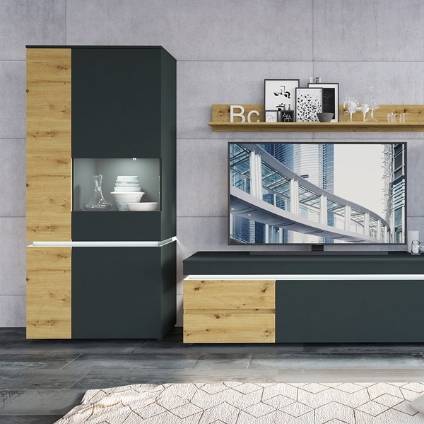 Ecclesfield 4 Door Tall Display Cabinet LH (including LED lighting) in Platinum and Oak | Dining Cabinet | Dining Cabinets