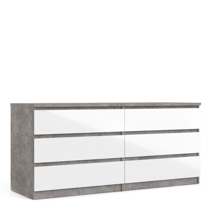 Brook Wide Chest of 6 Drawers (3+3) in Concrete and White High Gloss | Chest of Drawers | Drawers 