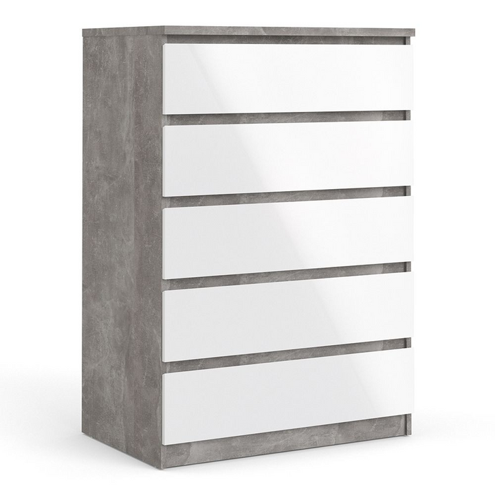 Brook Chest of 5 Drawers in Concrete and White High Gloss | Chest of Drawers | Drawers 