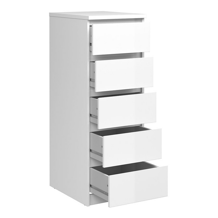 Brook Narrow Chest of 5 Drawers in White High Gloss | Chest of Drawers | Drawers 