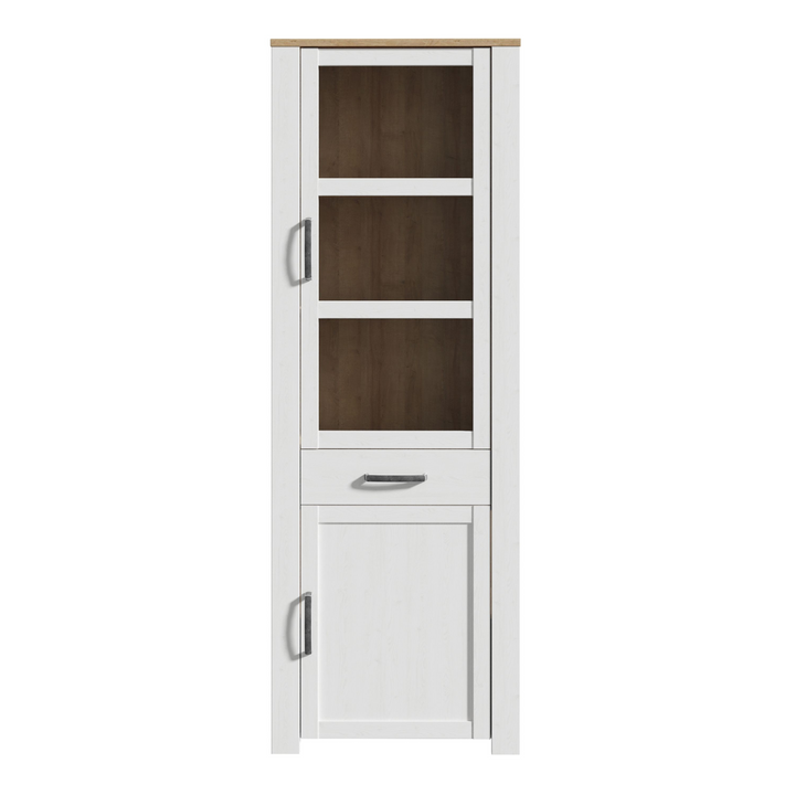 Hitchin 2 Door 1 Drawer Narrow Display Cabinet in Riviera Oak/White | Dining Cabinet | Dining Cabinets
