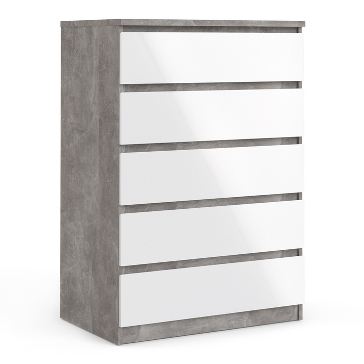 Brook Chest of 5 Drawers in Concrete and White High Gloss | Chest of Drawers | Drawers 