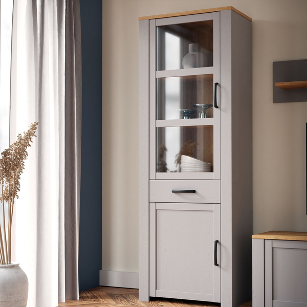 Hitchin 2 Door 1 Drawer Narrow Display Cabinet in Riviera Oak/Grey Oak | Dining Cabinet | Dining Cabinets
