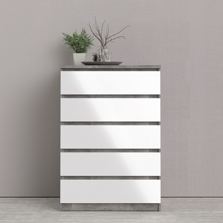 Brook Chest of 5 Drawers in Concrete and White High Gloss | Chest of Drawers | Drawers 