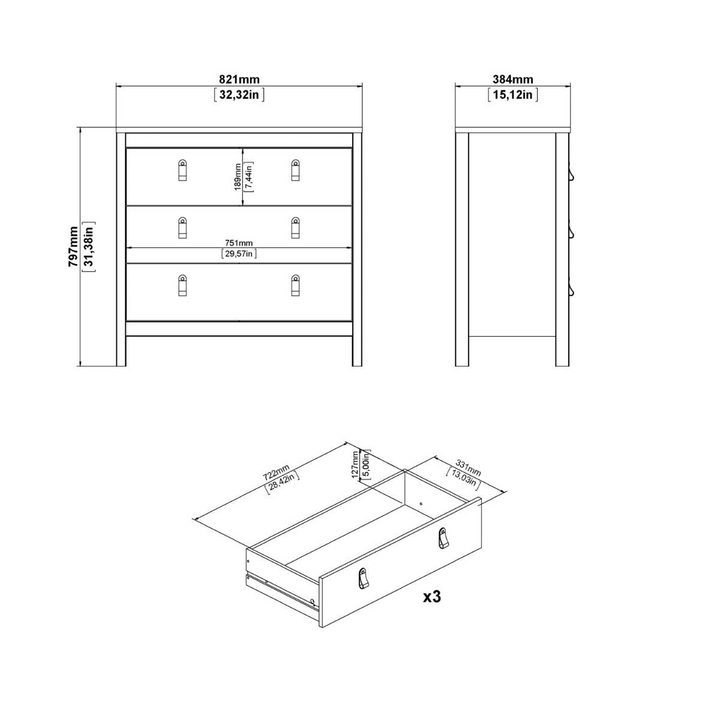 Hindley Chest 3 Drawers in White | Chest of Drawers | Drawers 