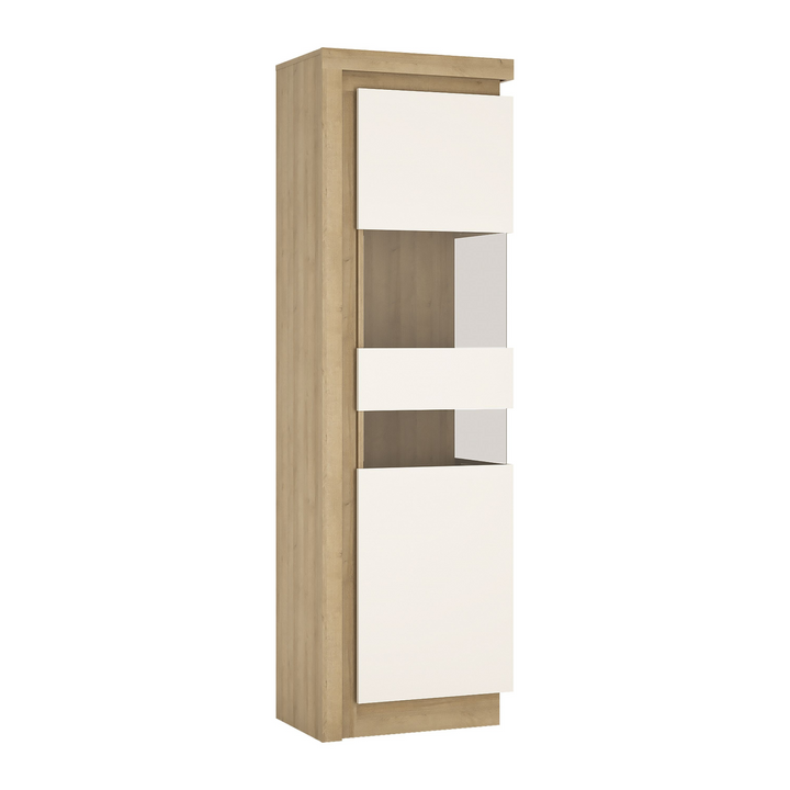 Earley Tall Narrow Display Cabinet (RHD) in Riviera Oak/White High Gloss | Dining Cabinet | Dining Cabinets