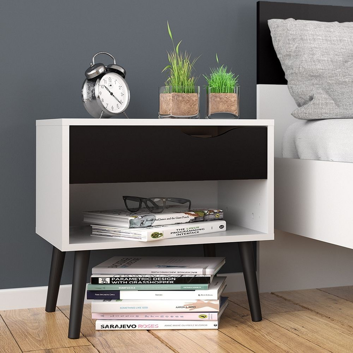 Luton Bedside 1 Drawer in White and Black Matt | Bedside Cabinet | Bedside Cabinets | Bedroom Cabinet