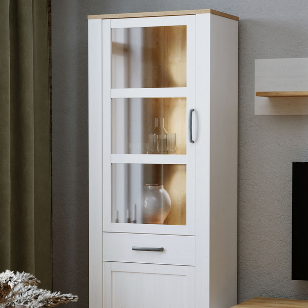 Hitchin 2 Door 1 Drawer Narrow Display Cabinet in Riviera Oak/White | Dining Cabinet | Dining Cabinets