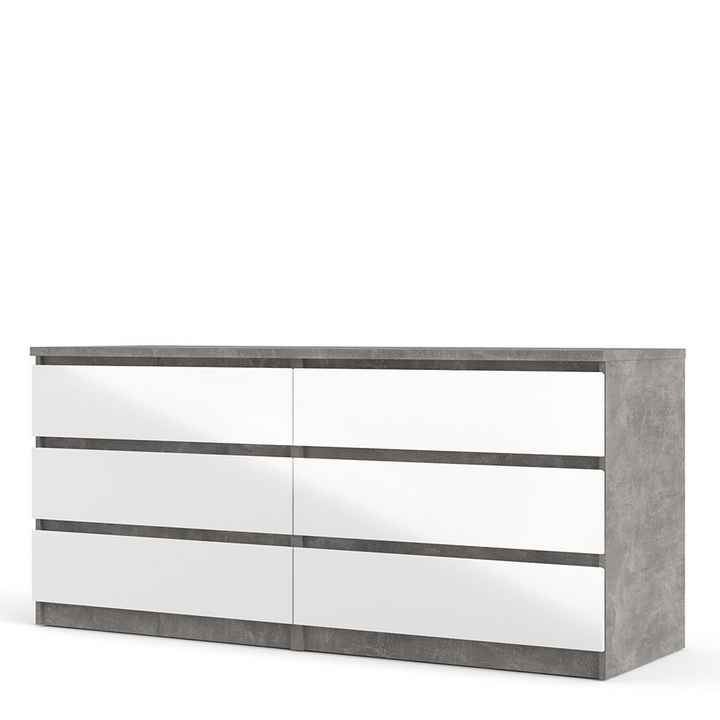 Brook Wide Chest of 6 Drawers (3+3) in Concrete and White High Gloss | Chest of Drawers | Drawers 