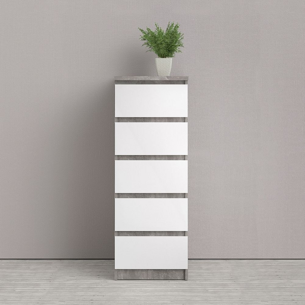 Brook Narrow Chest of 5 Drawers in Concrete and White High Gloss | Chest of Drawers | Drawers 