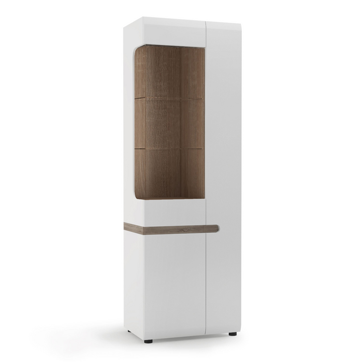 Cheadle Living Tall Glazed Narrow Display Unit (RHD) in White with a Truffle Oak Trim | Dining Cabinet | Dining Cabinets