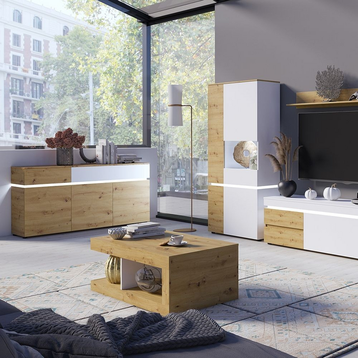 Ecclesfield 6 Door Cabinet (including LED lighting) in White and Oak | Dining Cabinet | Dining Cabinets