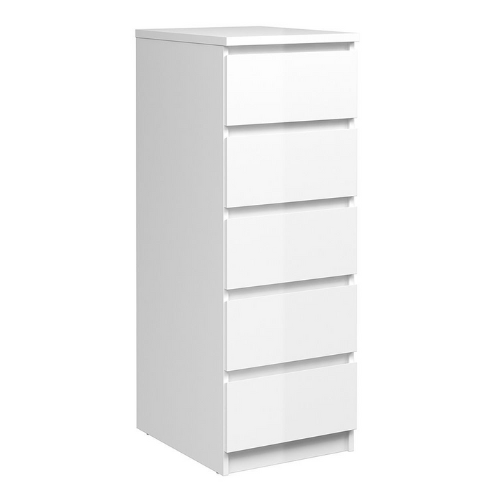 Brook Narrow Chest of 5 Drawers in White High Gloss | Chest of Drawers | Drawers 